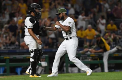 PITTSBURGH, PA – JULY 12: Felipe Vazquez #73 of the Pittsburgh Pirates celebrates with Elias Diaz #32 after defeating the Milwaukee Brewers 6-3 at PNC Park on July 12, 2018 in Pittsburgh, Pennsylvania. (Photo by Justin Berl/Getty Images)