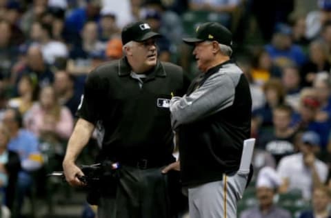 MILWAUKEE, WI – SEPTEMBER 13: Manager Clint Hurdle of the Pittsburgh Pirates argues with umpire Tim Welke in the first inning against the Milwaukee Brewers at Miller Park on September 13, 2017 in Milwaukee, Wisconsin. (Photo by Dylan Buell/Getty Images)