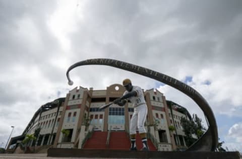 CAROLINA, PUERTO RICO – NOVEMBER 12: A front view of Roberto Clemente Stadium on November 12, 2018 in Carolina, Puerto Rico. It was heavily damaged in Hurricane Maria. It was used mostly for baseball games and was the home of Puerto Rico Baseball team Gigantes de Carolina. The stadium holds 12,500 people and was built in 2000. It is named after former Puerto Rican baseball great and native of Carolina, Roberto Clemente. At the moment the stadium has not undergone repairs. The effort continues in Puerto Rico to remain and rebuild more than one year after the Hurricane Maria hit and devastated the island on September 20, 2017. The official number of deaths from the disaster is 2,975. (Photo by Al Bello/Getty Images for Lumix)