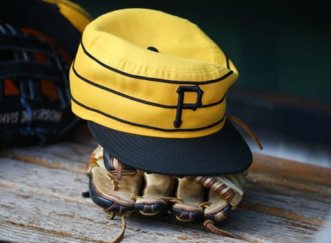 PITTSBURGH, PA – JULY 20: A New Era pillbox Pittsburgh Pirates baseball hat is seen in the dugout during the game against the Philadelphia Phillies at PNC Park on July 20, 2019 in Pittsburgh, Pennsylvania. (Photo by Justin K. Aller/Getty Images)