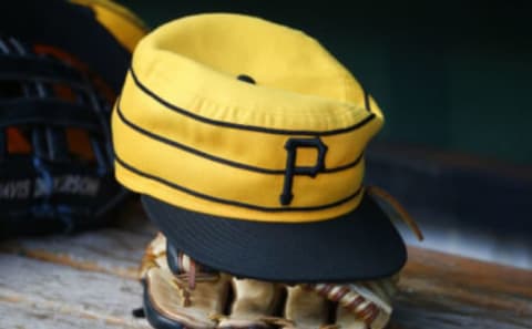 PITTSBURGH, PA – JULY 20: A New Era pillbox Pittsburgh Pirates baseball hat is seen in the dugout during the game against the Philadelphia Phillies at PNC Park on July 20, 2019 in Pittsburgh, Pennsylvania. (Photo by Justin K. Aller/Getty Images)