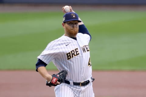 MILWAUKEE, WISCONSIN – AUGUST 29: Brett Anderson #42 of the Milwaukee Brewers pitches in the first inning against the Pittsburgh Pirates at Miller Park on August 29, 2020 in Milwaukee, Wisconsin. All players are wearing #42 in honor of Jackie Robinson Day. The day honoring Jackie Robinson, traditionally held on April 15, was rescheduled due to the COVID-19 pandemic. (Photo by Dylan Buell/Getty Images)