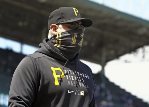 CHICAGO, ILLINOIS – MAY 07: Manager Derek Shelton #17 of the Pittsburgh Pirates walks to the dugout prior to a game against the Chicago Cubs at Wrigley Field on May 07, 2021 in Chicago, Illinois. (Photo by Nuccio DiNuzzo/Getty Images)