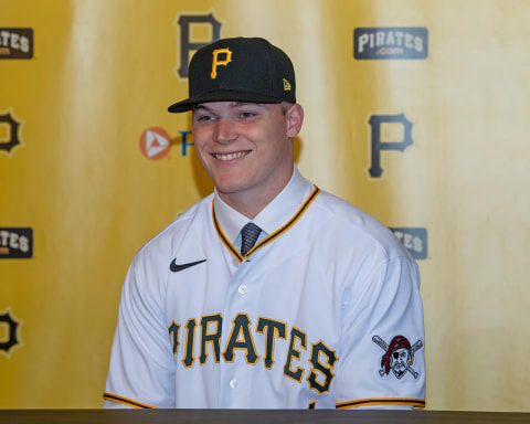 PITTSBURGH, PA – JULY 18: Catcher Henry Davis who was selected first overall in the 2021 MLB draft by the Pittsburgh Pirates speaks after signing a contract with the Pirates during a press conference at PNC Park on July 18, 2021 in Pittsburgh, Pennsylvania. (Photo by Justin Berl/Getty Images)