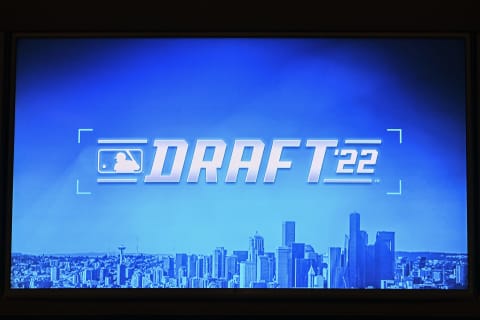 SEATTLE, WASHINGTON – JULY 17: A general view of the MLB Draft ’22 logo on the TV monitors in the Seattle Mariners interview room before the MLB Draft at T-Mobile Park on July 17, 2022 in Seattle, Washington. (Photo by Alika Jenner/Getty Images)