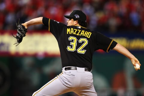 ST LOUIS, MO – OCTOBER 09: Vin Mazzaro #32 of the Pittsburgh Pirates pitches against the St. Louis Cardinals during Game Five of the National League Division Series at Busch Stadium on October 9, 2013 in St Louis, Missouri. (Photo by Dilip Vishwanat/Getty Images)