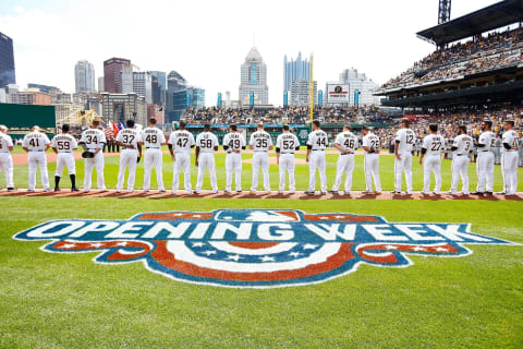 PITTSBURGH, PA – APRIL 13: Players line up along the first and third base lines prior to the start of the Opening Day game between the Pittsburgh Pirates and the Detroit Tigers at PNC Park on April 13, 2015 in Pittsburgh, Pennsylvania. (Photo by Jared Wickerham/Getty Images)