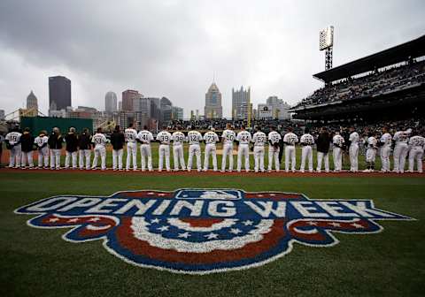 PITTSBURGH, PA – APRIL 07: The Pittsburgh Pirates in action against the Atlanta Braves on Opening Day at PNC Park on April 7, 2017 in Pittsburgh, Pennsylvania. (Photo by Justin K. Aller/Getty Images) *** Local Caption ***