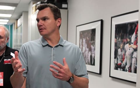 BOSTON, MA – AUGUST 14: Ben Cherington, general manager of the Boston Red Sox, responds to a question before a game with the Seattle Mariners at Fenway Park on August 14, 2015 in Boston, Massachusetts. John Farrell #53 of the Boston Red Sox will step down to start treatments Stage 1 lymphoma.(Photo by Jim Rogash/Getty Images)