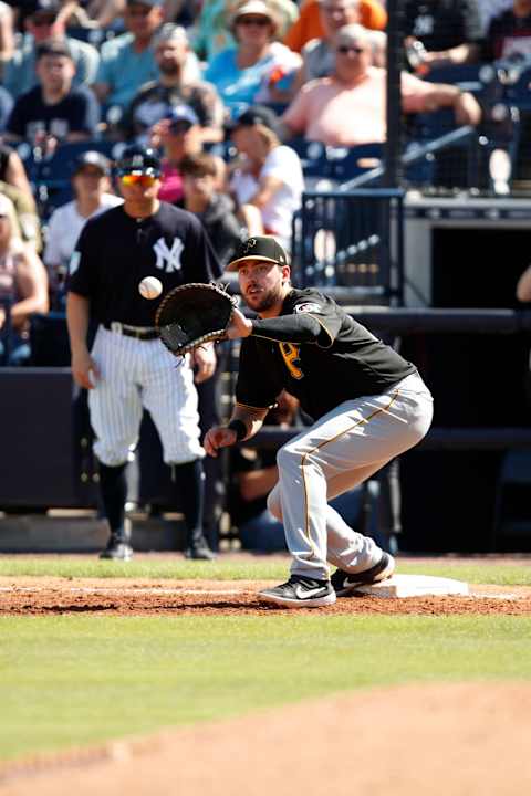 TAMPA, FL – FEBRUARY 28: Will Craig #75 of the Pittsburgh Pirates makes the grab at first base for an out against the New York Yankees during the Spring Training game at Steinbrenner Field on February 28, 2019 in Tampa, Florida. (Photo by Mike McGinnis/Getty Images)