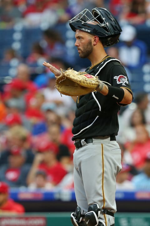 PHILADELPHIA, PA – AUGUST 28: Jacob Stallings #58 of the Pittsburgh Pirates in action against the Philadelphia Phillies during a game at Citizens Bank Park on August 28, 2019 in Philadelphia, Pennsylvania. (Photo by Rich Schultz/Getty Images)