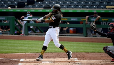 PITTSBURGH, PA – JULY 22: Josh Bell #55 of the Pittsburgh Pirates hits a two run home run in the first inning during the exhibition game against the Cleveland Indians at PNC Park on July 22, 2020 in Pittsburgh, Pennsylvania. (Photo by Justin Berl/Getty Images)