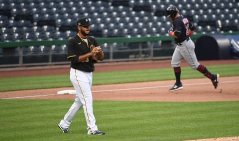 PITTSBURGH, PA – JULY 22: Miguel Del Pozo #63 of the Pittsburgh Pirates reacts as Christian Arroyo #26 of the Cleveland Indians rounds the bases after hitting a home run in the ninth inning during the exhibition game at PNC Park on July 22, 2020 in Pittsburgh, Pennsylvania. (Photo by Justin Berl/Getty Images)