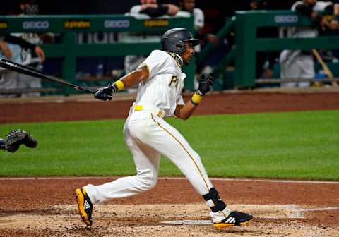 PITTSBURGH, PA – JULY 27: Jarrod Dyson #6 of the Pittsburgh Pirates hits a two RBI single in the seventh inning against the Milwaukee Brewers during Opening Day at PNC Park on July 27, 2020 in Pittsburgh, Pennsylvania. (Photo by Justin K. Aller/Getty Images)