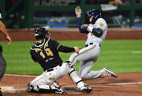 PITTSBURGH, PA – JULY 28: Ryan Braun #8 of the Milwaukee Brewers is tagged out by John Ryan Murphy #18 of the Pittsburgh Pirates during the eighth inning at PNC Park on July 28, 2020 in Pittsburgh, Pennsylvania. (Photo by Joe Sargent/Getty Images)