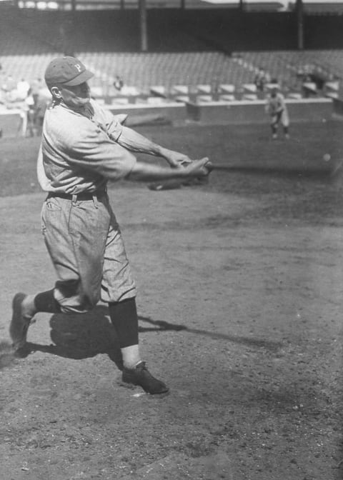 PITTSBURGH – 1913. Honus Wagner takes some practice swings before a game in Forbes Field in 1913 in this photo by the Paul Thompson Agency. (Photo by Mark Rucker/Transcendental Graphics, Getty Images)