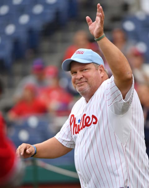 Jun 10, 2018; Philadelphia, PA, USA; Former Philadelphia Phillies first baseman John Kruk acknowledges the crowd during pregame ceremony honoring the 1993 National League East Champions before game against the Milwaukee Brewers at Citizens Bank Park. Mandatory Credit: Eric Hartline-USA TODAY Sports