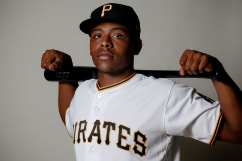 Feb 20, 2019; Bradenton, FL, USA; Pittsburgh Pirates infielder Ke’Bryan Hayes (77) poses for a photo on photo day at Pirate City. Mandatory Credit: Kim Klement-USA TODAY Sports