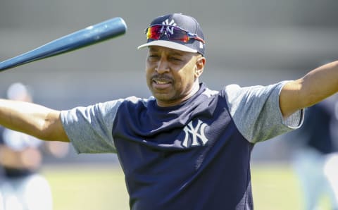 Feb 20, 2019; Tampa, FL, USA; New York Yankees coach Willie Randolph reacts to the crowd during spring training workouts at George M. Steinbrenner Field. Mandatory Credit: Reinhold Matay-USA TODAY Sports