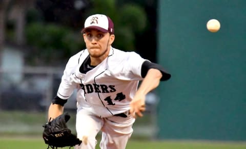 Riverdale High School pitcher Carson Palmquist during the Battle of the Boarder Baseball Tournament in Fort Myers, Tuesday, April 9, 2019.Dsc 0888