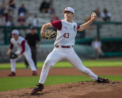 Florida State Seminoles pitcher Bryce Hubbart (43) pitches the ball. The Florida State Seminoles hosted the Illinois State Redbirds, Wednesday, March 11, 2020.Fsu V Illinois State Baseball061