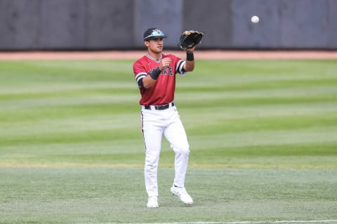 Feb 29, 2020; Las Cruces, NM, USA; NMSU junior Nick Gonzales warms up before the New Mexico State Men’s Baseball team faces off against Purdue Fort Wayne in the first game of a double header at Presley Askew Field. Mandatory Credit: Nathan J Fish/Sun-News via USA TODAY Network