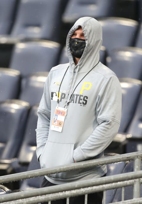 Jul 7, 2020; Pittsburgh, Pennsylvania, United States; Pittsburgh Pirates general manager Ben Cherington observes Summer Training workouts at PNC Park. Mandatory Credit: Charles LeClaire-USA TODAY Sports