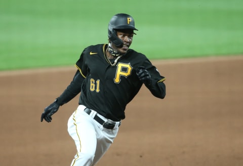 Jul 18, 2020; Pittsburgh, Pennsylvania, USA; Pittsburgh Pirates shortstop Oneil Cruz (61) runs the base against the Cleveland Indians during the seventh inning at PNC Park. The Indians won 5-3. Mandatory Credit: Charles LeClaire-USA TODAY Sports