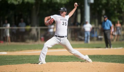 Bishop Eustace/Sader Baseball Club’s Anthony Solometo delivers a pitch during the Last Dance World Series South baseball game between Bishop Eustace/Sader Baseball Club and Cherokee/Marlton Chiefs played in Owens Park in Williamstown on Tuesday, July 21, 2020. The Bishop Eustace/Sader Baseball Club defeated Cherokee/Marlton Chiefs, 11-5.Last Dance World Series South Baseball 5