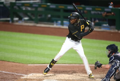 Jul 18, 2020; Pittsburgh, Pennsylvania, USA; Pittsburgh Pirates shortstop Oneil Cruz (61) at bat against the Cleveland Indians during the seventh inning at PNC Park. The Indians won 5-3. Mandatory Credit: Charles LeClaire-USA TODAY Sports