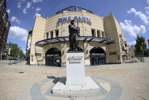 Jul 28, 2020; Pittsburgh, Pennsylvania, USA; General view of the Honus Wagner statue and the exterior of the main gate at PNC Park before the Pittsburgh Pirates host the Milwaukee Brewers. Mandatory Credit: Charles LeClaire-USA TODAY Sports