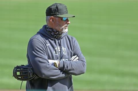 Jul 29, 2020; Pittsburgh, Pennsylvania, USA; Pittsburgh Pirates manager Derek Shelton looks on during batting practice before playing the Milwaukee Brewers at PNC Park. Mandatory Credit: Charles LeClaire-USA TODAY Sports