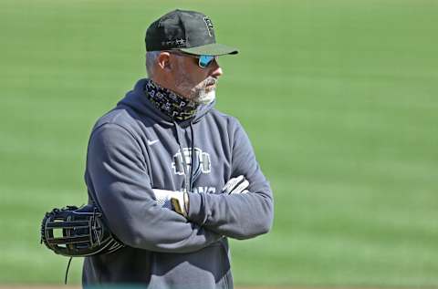 Jul 29, 2020; Pittsburgh, Pennsylvania, USA; Pittsburgh Pirates manager Derek Shelton looks on during batting practice before playing the Milwaukee Brewers at PNC Park. Mandatory Credit: Charles LeClaire-USA TODAY Sports