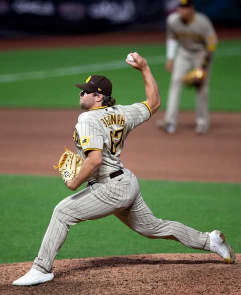 Jul 30, 2020; San Francisco, California, USA; San Diego Padres pitcher David Bednar (67) delivers a pitch against the San Francisco Giants during the tenth inning at Oracle Park. Mandatory Credit: D. Ross Cameron-USA TODAY Sports