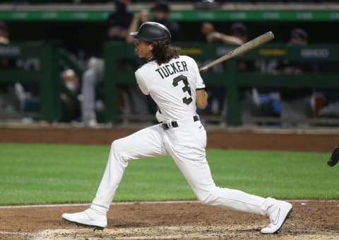 Aug 19, 2020; Pittsburgh, Pennsylvania, USA; Pittsburgh Pirates pinch hitter Cole Tucker (3) doubles against the Cleveland Indians during the ninth inning at PNC Park. The Indians won 6-1. Mandatory Credit: Charles LeClaire-USA TODAY Sports