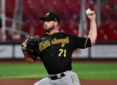 Aug 27, 2020; St. Louis, Missouri, USA; Pittsburgh Pirates relief pitcher Nik Turley (71) pitches during the ninth inning against the St. Louis Cardinals at Busch Stadium. Mandatory Credit: Jeff Curry-USA TODAY Sports