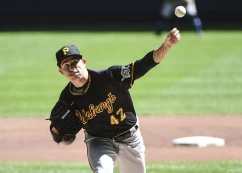 Aug 30, 2020; Milwaukee, Wisconsin, USA; Pittsburgh Pirates pitcher Steven Brault throws a pitch in the first inning against the Milwaukee Brewers at Miller Park. Mandatory Credit: Benny Sieu-USA TODAY Sports