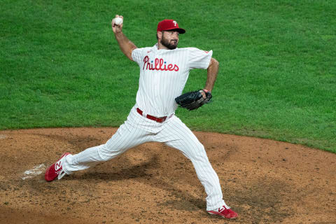 Sep 2, 2020; Philadelphia, Pennsylvania, USA; Philadelphia Phillies relief pitcher Brandon Workman (44) pitches during the ninth inning against the Washington Nationals at Citizens Bank Park. Mandatory Credit: Bill Streicher-USA TODAY Sports