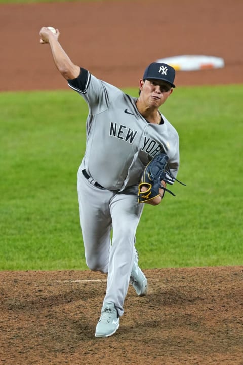 Sep 5, 2020; Baltimore, Maryland, USA; New York Yankees pitcher Miguel Yajure (89) delivers in the eighth inning against the Baltimore Orioles at Oriole Park at Camden Yards. Mandatory Credit: Mitch Stringer-USA TODAY Sports