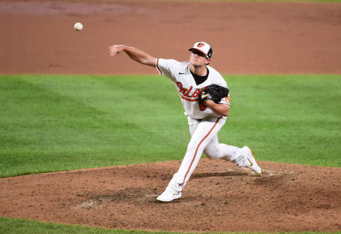 Sep 14, 2020; Baltimore, Maryland, USA; Baltimore Orioles pitcher Carson Fulmer (60) throws a pitch in the ninth inning against the Atlanta Braves at Oriole Park at Camden Yards. Mandatory Credit: Evan Habeeb-USA TODAY Sports