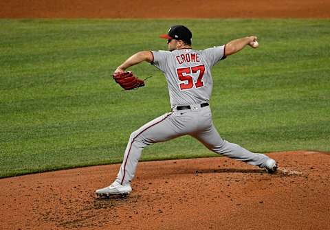 Sep 18, 2020; Miami, Florida, USA; Washington Nationals starting pitcher Wil Crowe (57) delivers a pitch in the 2nd inning against the Miami Marlins at Marlins Park. Mandatory Credit: Jasen Vinlove-USA TODAY Sports