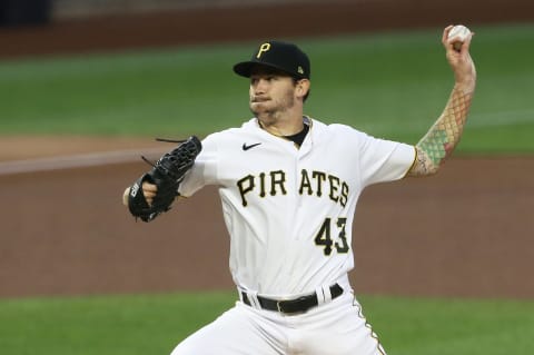 Sep 22, 2020; Pittsburgh, Pennsylvania, USA; Pittsburgh Pirates starting pitcher Steven Brault (43) delivers a pitch against the Chicago Cubs during the first inning at PNC Park. Mandatory Credit: Charles LeClaire-USA TODAY Sports