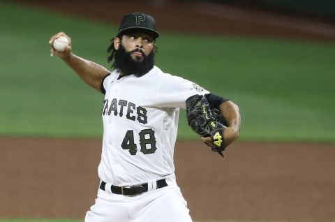 Sep 23, 2020; Pittsburgh, Pennsylvania, USA; Pittsburgh Pirates relief pitcher Richard Rodriguez (48) pitches against the Chicago Cubs during the ninth inning at PNC Park. The Pirates won 2-1. Mandatory Credit: Charles LeClaire-USA TODAY Sports