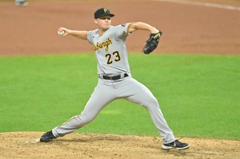 Sep 25, 2020; Cleveland, Ohio, USA; Pittsburgh Pirates starting pitcher Mitch Keller (23) throws a pitch during the fifth inning against the Cleveland Indians at Progressive Field. Mandatory Credit: Ken Blaze-USA TODAY Sports