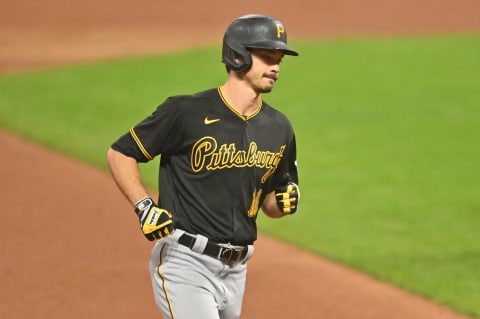 Sep 26, 2020; Cleveland, Ohio, USA; Pittsburgh Pirates center fielder Bryan Reynolds (10) rounds the bases after hitting a home run against the Cleveland Indians at Progressive Field. Mandatory Credit: Ken Blaze-USA TODAY Sports