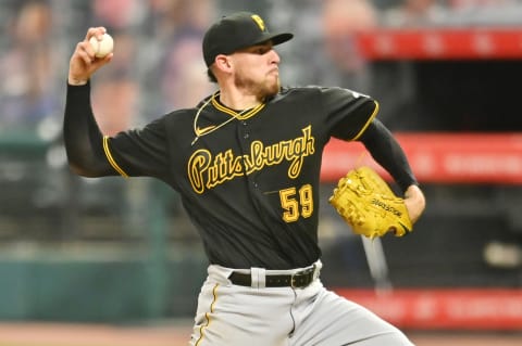 Sep 26, 2020; Cleveland, Ohio, USA; Pittsburgh Pirates starting pitcher Joe Musgrove (59) throws a pitch during the seventh inning against the Cleveland Indians at Progressive Field. Mandatory Credit: Ken Blaze-USA TODAY Sports