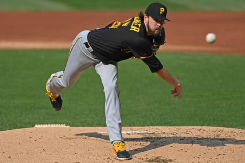 Sep 27, 2020; Cleveland, Ohio, USA; Pittsburgh Pirates starting pitcher JT Brubaker (65) throws a pitch during the first inning against the Cleveland Indians at Progressive Field. Mandatory Credit: David Dermer-USA TODAY Sports