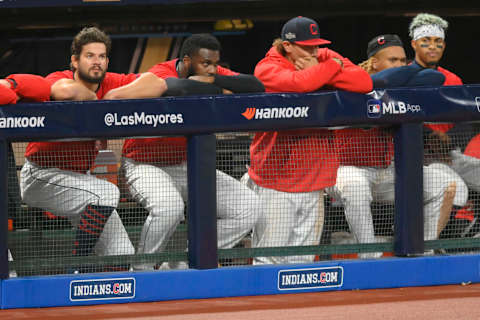 Sep 30, 2020; Cleveland, Ohio, USA; The Cleveland Indians watch from the dugout in the ninth inning in a loss to the New York Yankees at Progressive Field. Mandatory Credit: David Richard-USA TODAY Sports