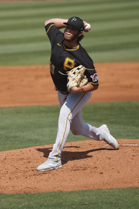 Mar 3, 2021; Port Charlotte, Florida, USA; Pittsburgh Pirates pitcher Miguel Yajure (50) throws a pitch during the second inning against the Tampa Bay Rays at Charlotte Sports Park. Mandatory Credit: Kim Klement-USA TODAY Sports