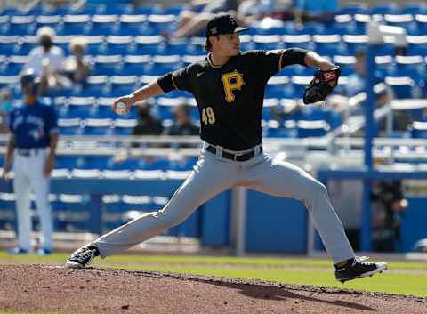 Mar 1, 2021; Dunedin, Florida, USA; Pittsburgh Pirates relief pitcher Blake Cederlind (49) pitches in the bottom of the fifth inning during spring training at TD Ballpark. Mandatory Credit: Nathan Ray Seebeck-USA TODAY Sports